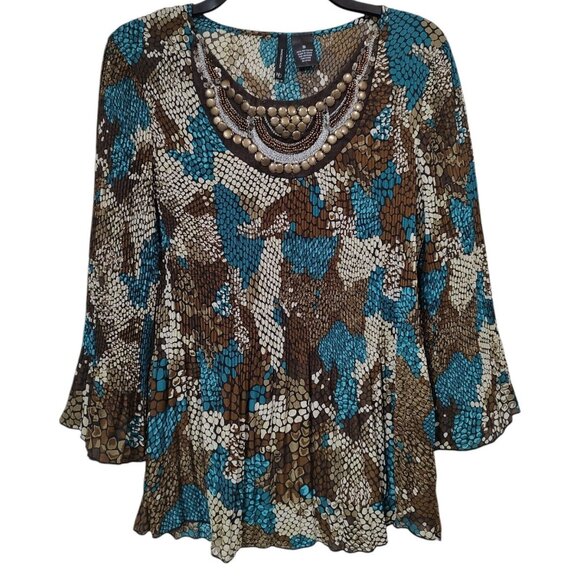 New Directions Womens Multicolor Beaded Crinkle Scoop Neck Blouse Top Size Small - Picture 1 of 5